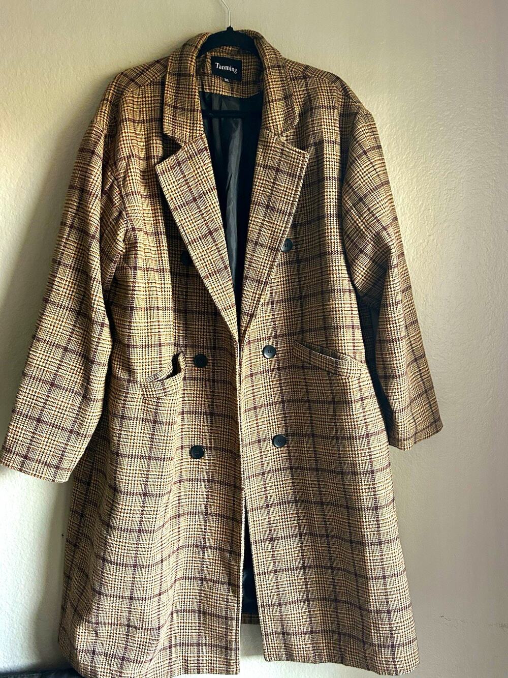 Tanming Women's Brown Plaid Wool Blend Lined Long Overcoat Coat Size 2XL